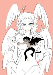 1boy akira_fudou androgynous blue_eyes blush demon_boy demon_wings devilman devilman_crybaby embarrassed forengmenot head_wings humanoid large_breasts long_hair navel pink_background pointy_ears ryo_asuka satan_(devilman) smile villainess