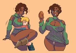 1boy 1boy1girl 1girls 2d age_difference amira_(glassfish) big_breasts blonde_hair cookie cum_on_thighs dark-skinned_female female glassfish light-skinned_male male matt_(glassfish) older_female smaller_male taller_female taller_girl younger_male