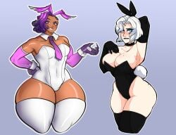 2d 2girls bare_thighs beauty_mark blue_eyes bluueygooey breasts bunny_ears bunny_girl bunnysuit choker cleavage collaboration curvy dark-skinned_female dark_skin drclump elbow_gloves eyeshadow female female_only gloves grey_hair large_breasts looking_at_viewer medium_breasts mercy mole mole_on_breast mole_under_eye multiple_girls overwatch purple_eyes purple_hair short_hair smile sombra thick_thighs thighhighs thighs voluptuous year_of_the_rabbit