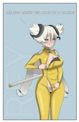 argentinian big_breasts blue_eyes guardian_tales horns nipple_peek pale_skin pubic_hair pussy_peek rey_(guardian_tales) sheep_horns simple_background spanish_text sword_of_werebeasts_rey_(guardian_tales) teasing white_clothing white_hair yellow_clothing yellow_suit