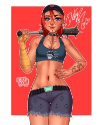 baseball_bat baseball_cap black_nails chest dusty_(fortnite) female_only fortnite fortnite:_battle_royale piercing piercings purple_eyes red_hair safe_for_work sfw short_hair shorts sillyfany sweat sweatdrop tattoo tattoo_on_arm tattooed_arm tattoos twitter twitter_username