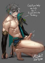 alhaitham_(genshin_impact) genshin_impact hand_on_penis kneeling laosmut laovaan leaking male male_focus male_only muscular muscular_male partially_clothed solo solo_male text tongue_out