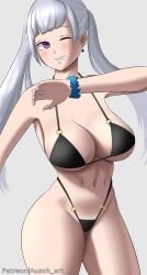 1girls ausoh bikini bikini_top black_bikini black_clover breasts female female_only funny noelle_silva purple_eyes revealing_clothes royalty semi_nude silver_hair skimpy_clothes smile smiley_face tagme white_body young younger_female