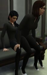 2girls female female_only high_heels multiple_girls reverse_cowgirl_position strapless_dildo the_sims_4 tights