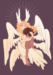 akira_fudou between_breasts blonde_hair blush breasts brown_hair dark_skin devilman devilman_crybaby eyelashes forengmenot head_between_breasts head_wings hug long_hair multi_wing nude open_mouth purple_background ryo_asuka satan_(devilman) sun_symbol tears wings