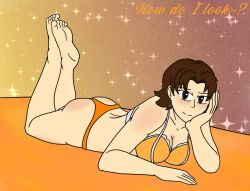 1girls arm_up asian ass bangs big_ass big_breasts blush bra breasts brown_eyes brown_hair cleavage earrings english_text godzilla_(series) hand_on_face legs_together legs_up light-skinned_female light_skin lingerie looking_at_viewer lying lying_on_stomach miki_saegusa orange_background orange_theme panties short_hair smile solo