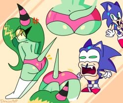 2d almost_naked angry ass ass_focus bent_over big_ass big_butt dat_ass deadly_six funny_face green_hair green_skin horn nocklepie orange_eyes panties pink_panties presenting_hindquarters sega socks sonic_(series) sonic_lost_world sonic_the_hedgehog sonic_the_hedgehog_(series) tail undressing zeena zeti zeti_(species)