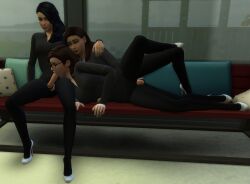 3girls blowjob clothed_sex high_heels multiple_girls spoon_position strapless_dildo the_sims_4 tights yuri