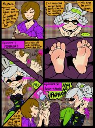 2girls barefoot bondage comic feet foot_fetish green_eyes jojo_glass marie_(splatoon) multiple_girls nintendo original_character soles speech_bubble splatoon tickling tickling_armpits toes twomario_(artist)