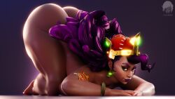 1girls 3d african_female afro-latino all_fours artist_logo artist_name artist_signature ass ass_up bangle bare_arms bare_back bare_legs bare_shoulders bare_thighs barefoot betty_la_bomba big_ass big_butt big_thighs bracelet crouching crown curly_hair dark-skinned_female dark_skin earrings face_down_ass_up female female_focus female_only gold_(metal) green_eyes heterochromia hi-rez_studios jewelry large_ass large_butt large_thighs latina lipstick long_hair looking_at_viewer naked naked_female naked_headwear nude nude_female paladins paladins_champions_of_the_realm purple_hair purple_lipstick red_eye reflection seductive seductive_look seductive_smile shiny_skin simple_background smile tattoo tattooed_arm tattoos thick thick_ass thick_thighs thighs wristlet yazanios