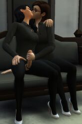 2girls handjob high_heels kissing multiple_girls strapless_dildo the_sims_4 tights