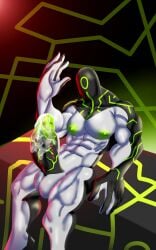 1boy alien alien_humanoid balls ben_10 bodily_fluids cartoon_network cum cum_on_penis faceless_character faceless_male galvanic_mechamorph genital_fluids genitals green_nipples hi_res humanoid male male_only multicolored_body multicolored_penis muscular ninedlc99 nipples nude penis raised_arm sitting solo solo_male two_tone_body two_tone_penis upgrade_(ben_10)