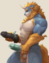 2022 anthro armpit_hair balls beard biceps blue_body blue_penis body_hair curtis_wuedti ear_piercing erection facial_hair feet fur genitals gift hi_res horn humanoid_genitalia humanoid_penis looking_at_dildo looking_at_object looking_at_sex_toy male male_only mammal muscular muscular_anthro muscular_male nude pecs penis perineum piercing sex_toy simple_background solo tail white_background yellow_body yellow_fur