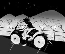 2boys akira_fudou devilman devilman_crybaby forengmenot forest from_behind gay male male_only monochrome motorcycle night outside ryo_asuka short_hair yaoi