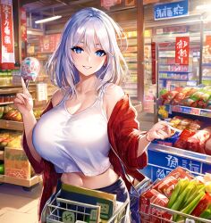 ai_generated big_breasts curvy_body curvy_female curvy_figure female_focus female_only grocery_store high_resolution seductive_look short_hair stable_diffusion voluptuous_female