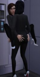 2girls carrying clothed_sex high_heels multiple_girls standing_sex strapless_dildo the_sims_4 tights yuri