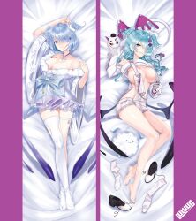 arm_up asymmetrical_legwear blue_hair bob_cut breasts cleavage covered_nipples dakimakura dakimakura_design dragon_girl elira_pendora elira_pendora_(2nd_costume) glove hair_over_one_eye head_wings key_necklace kimono luwudco lying lying_on_back lying_on_bed nijisanji nijisanji_en obi overalls painted_nails painted_toenails shirt_up shoes shoes_removed short_hair smile socks socks_removed sweater virtual_youtuber wings