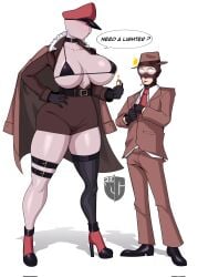 1boy 1girls 2023 2d 2d_(artwork) ass belt belt_buckle big_ass big_breasts big_butt big_thighs black_bikini breastless_clothes breasts busty choker cigarette cigarette_pack cleavage clothed coat corpse_(igxxiii) curvaceous curves curvy curvy_body curvy_female curvy_figure dialogue english english_text fedora female fire fur fur_coat gloves hand_on_hip hat hi_res high_heels highres hips hourglass_figure igxxiii jacket_on_shoulders large_ass large_breasts large_butt large_thighs lighter looking_at_viewer male micro_bikini microbikini nipple_bulge one_eye original original_character red_clothing red_eye red_hat red_high_heels shocked shoes silentmanjoe skirt smoking spy_(team_fortress_2) suit_and_tie sweat sweatdrop tall_female taller_girl team_fortress_2 thick_thighs thigh_strap thighhighs thighs tie tight_clothing valve voluptuous wide_hips