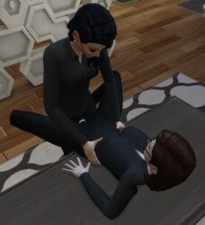 2girls black_hair brown_hair clothed_sex high_heels multiple_girls platform_missionary_position strapless_dildo table_sex the_sims_4 tights yuri