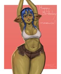 1girls absurd_res amber_eyes arms_up blue_hair blush english_text female female_only goblin goblin_female green_skin happy_birthday heart_tattoo long_hair looking_at_viewer minishorts pointy_ears pope_of_dairy red_lips rissma_(maewix1) shorts smiling smiling_at_viewer solo tank_top tattoo tattoo_under_eye teeth_showing text thick_thighs