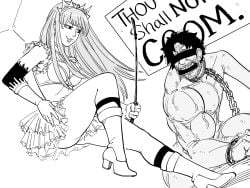 1boy 1girls bb_(baalbuddy) black_and_white blindfold chained chains coomer dominant_female dominatrix english_text fate/grand_order fate_(series) female gagged hi_res male medb_(fate) muscular_arm submissive_male tagme text white_background