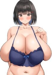 1girls barely_contained blush breasts brown_eyes brown_hair female gigantic_breasts huge_breasts light-skinned_female light_skin massive_breasts navel neneneji original original_character short_hair skindentation too_small_clothes top_heavy very_high_resolution