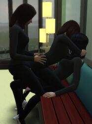 3girls clothed_sex doggy_style high_heels multiple_girls sitting_on_lap strapless_dildo the_sims_4 threesome tights yuri