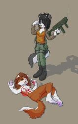 4_fingers 4_toes almar anthro ass assault_rifle black_body black_fur black_hair black_nose blood blood_on_hand blood_pool blue_eyes bodily_fluids boots border_collie breast_wound breasts brown_body brown_fur brown_hair bullet_wound canid canine canis chest_tuft cj_(everlastwolf) claws clothing collie confusion corpse cute_fangs dead_eyes domestic_dog duo dying facial_wound fatal fatal_wound feet female fingers fluffy fluffy_tail footwear fur green_eyes gun gunshot_wound hair handpaw herding_dog hi_res jacket killing leg_markings mammal markings medium_breasts multicolored_body multicolored_fur nipples nosebleed nude panini_(everlastwolf) pastoral_dog pawpads paws perforating_wound pink_nipples pink_nose ranged_weapon rifle ryona sheepdog small_breasts smoke smoking_gun socks_(marking) soles tail toes topwear tuft two_tone_tail violence vr_headset weapon white_body white_fur wounded