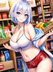 1girls ai_generated big_breasts curvy_female curvy_figure female_focus female_only grocery_store long_hair looking_at_viewer original_character silver_hair stable_diffusion tagme voluptuous_female