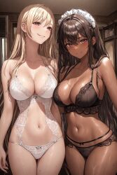 2girls ai_generated blonde_hair bra breasts brown_eyes brown_hair brown_skin chocolate_and_vanilla dark-skinned_female dark_skin duo female female_only height_difference huge_breasts large_breasts light-skinned_female light_skin lingerie long_hair looking_at_viewer maid maid_headdress navel original original_character panties slim_waist smile stable_diffusion sweat thighs underwear