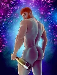 ass ass champagne champagne_bottle fireworks ismael_alvarez looking_back male male_only muscles muscular muscular_male new_year