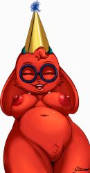 1girls 2d anthro breasts chubby_female closed_eyes eyewear female female_only furry g4rron genitals glasses hi_res horn lagomorph leporid mammal moji_(paladins) nipples open_mouth paladins pubes pussy rabbit red_body slightly_chubby smile solo