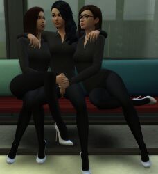 3girls clothed_sex double_handjob high_heels multiple_girls strapless_dildo the_sims_4 tights yuri