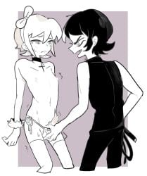 2boys akira_fudou black_hair blush bow bracelet choker devilman erect_nipples erection femboy feminine_male flat_chest forengmenot frown male male_only monochrome panties precum ryo_asuka short_hair side_tie_panties sleeveless thighhighs yaoi