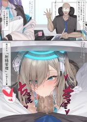 1boy 1girls asuna_(blue_archive) bannou_ippoutsukou blonde_hair blowjob_face blue_archive blue_eyes censored censored_penis cleaning_&_clearing_(blue_archive) doodle_sensei_(blue_archive) fellatio female halo japanese_text large_penis light-skinned_female long_hair maid maid_headdress maid_outfit maid_uniform male millennium_science_school_student oral penis schoolgirl seminar_(blue_archive) sensei_(blue_archive) text tongue tongue_out translated under_the_table yuuka_(blue_archive)