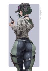 1girls aelion_draws ass ass_focus blush camouflage choker ela_(rainbow_six) female female_only green_eyes green_hair handgun head_set headphones holding_weapon latex latex_legwear looking_at_viewer looking_back military military_clothing military_uniform pistol rainbow_six rainbow_six_siege solo solo_female thick thick_ass thick_thighs tight_clothing