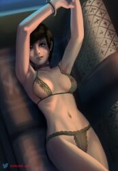 armpits arms_up blue_eyes brown_hair godlem handcuffed handcuffs lingerie lingerie_only nipples rebecca_chambers resident_evil resident_evil_0 short_hair small_breasts