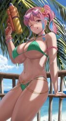 1girls beach belly_button big_breasts blue_hair earrings female female_only gyaru hozuki_kaede licking_lips light-skinned_female light_skin onii-chan_wa_oshimai! outside pink_eyes pink_hair silvertsuki sunglasses sunglasses_on_head swimsuit two_tone_hair water_gun wink