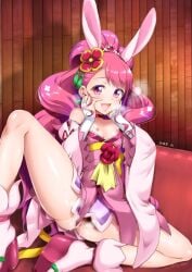 animal_ears anus boots choker clothing cure_grace fake_animal_ears female flat_chest flower hanadera_nodoka healin'_good_precure highres legs long_hair looking_at_viewer magical_girl marui nipples no_panties open_mouth pink_eyes pink_hair precure pretty_cure pussy_juice rabbit_ears red_flower red_rose rose signature spread_legs