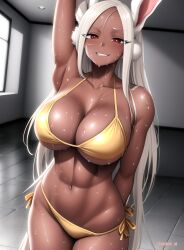 1girls abs ai_generated amiral_ai animal_ears arm_behind_back bare_shoulders big_breasts bikini blush breasts bunny_ears cleavage clenched_teeth clothing collarbone curvy dark-skinned_female dark_skin eyelashes female female_focus female_only grin half-closed_eyes highres hips human indoors large_breasts looking_at_viewer miruko muscular muscular_female my_hero_academia nai_diffusion navel one_arm_up parted_lips pinup red_eyes revealing_clothes rumi_usagiyama seductive shiny_skin side-tie_bikini skimpy skindentation smile solo solo_female stable_diffusion sweat sweatdrop swimsuit teeth thighs very_long_hair voluptuous watermark white_hair