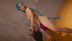 1futa 3d arcane big_bulge blue_hair crazy_eyes ffsd flat_chest flat_chested futanari gun hard_nipples huge_bulge huge_cock jinx_(league_of_legends) league_of_legends panty_bulge small_breasts smile string_bikini twin_braids