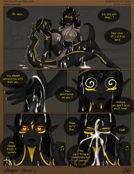 anthro black_hair black_penis bodily_fluids closed_eyes comic cum cum_covered cum_in_hair cum_on_face cumshot duo ejaculation eliana-asato english_text erection eve_(iginger) excessive_cum excessive_genital_fluids furaffinity_username genital_fluids genitals gynomorph gynomorph/gynomorph hair hi_res humanoid_genitalia humanoid_penis intersex intersex/intersex lia_(iginger) lizard messy noa_(iginger) open_mouth page_26 penis reptile scalie shaking spiral_eyes text trembling yellow_eyes