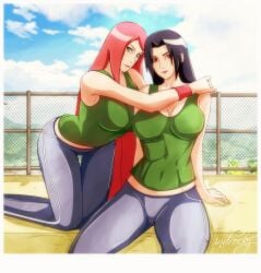 2girls alternate_costume big_breasts blue_hair blush breasts cleavage female female_only fully_clothed hug indrockz indy_riquez kneeling looking_at_viewer mature mature_female milf multiple_girls naruto naruto_(series) naruto_shippuden pants red_hair sharingan sitting smile tank_top tight_clothing uchiha_mikoto uzumaki_kushina very_long_hair voluptuous