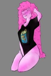 1girls adventure_time black_shirt black_t-shirt covering_crotch earsureuponrival embarrassed female female female_only long_hair pink pink_body pink_hair pink_hair_female pink_skin princess_bubblegum shirt shirt_only shirt_pull shirt_pulled_down simple_background solo solo_female t-shirt t-shirt_only thick_thighs thighs