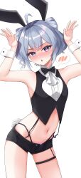 1girls ahoge armpits arms_up bare_midriff belly_button blush blushing_at_viewer bowtie bunkinspice bunny_ears bunny_ears_(gesture) bunny_tail bunnysuit cone_hair_bun exposed_midriff female female_only gray_hair grey_hair light-skinned_female light_skin looking_at_viewer midriff navel nijisanji nijisanji_en purple_eyes short_shorts shorts sleeveless solo suspenders thigh_strap twin_buns virtual_youtuber white_background wrist_cuffs zaion_lanza