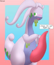 5:6 absurd_res animal_genitalia animal_penis big_penis blush bodily_fluids countershade_torso countershading cum digital_media_(artwork) dragon english_text erection feral flustered generation_6_pokemon genital_fluids genital_slit genitals goodra goop hi_res huge_cock leaking leaking_cum leaking_precum looking_away male male_only nintendo open_mouth penis pokémon_(species) pokemon pokemon_(species) precum presenting simple_background slime slit smile solo speech_bubble tapering_penis text thick_thighs tongue varium