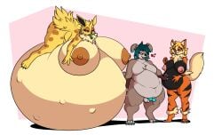 4_toes 5_fingers agatha_(larikane) anthro arcanine areola balls big_breasts black_nose blonde_hair blue_eyes blue_hair blue_penis blue_tongue breasts brown_areola brown_body brown_eyes brown_fur brown_nipples canid canine canis chest_tuft claws domestic_dog eeveelution eyebrows eyelashes eyewear eyewear_only feet female fingers floppy_ears fluffy fluffy_tail fur generation_1_pokemon genitals glasses glasses_only group hair hand_on_stomach heart hi_res horn huge_breasts hybrid hybrid_pokemon hyper hyper_breasts hyper_pregnancy jewelry jolteon larikane lying male male/female mammal markings moon_(marking) navel neck_tuft necklace necklace_only nidorina nintendo nipples nude obese obese_anthro obese_male on_front orange_body orange_fur outie_navel overweight overweight_anthro overweight_male penis pink_areola pink_nipples pokémon_(species) pokemon pokemon_(species) pregnant rina_(darknido) sam_yaeger simple_background spots standing tail thick_thighs toe_claws toes tongue tongue_out trio tuft unborn_kicking yellow_body yellow_fur