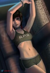 1girls alternate_costume armpits arms_up bandana basketball_uniform blue_eyes brown_hair dolphin_shorts female female_only godlem gym_shorts gym_uniform handcuffed handcuffs midriff nipples rebecca_chambers resident_evil resident_evil_0 short_hair small_breasts solo sports_bra sportswear