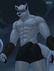 2023 absurd_res anthro black_sclera bulge canid canine canis clothing death_(puss_in_boots) dreamworks fur genital_outline grey_body grey_fur hi_res holding_object holding_weapon looking_at_viewer male male_only mammal melee_weapon muscular muscular_anthro muscular_male penis_outline puss_in_boots:_the_last_wish puss_in_boots_(film) puss_in_boots_(franchise) rofu_kagazaki shrek_(series) solo underwear universal_pictures universal_studios weapon wolf