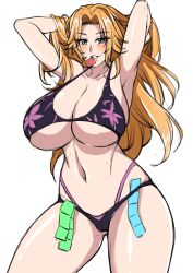 1girls arms_behind_head big_breasts big_tits bikini bikini_top bleach blue_eyes condom_belt condom_in_mouth condom_wrapper female female_only flower_bikini lc_7v2 long_hair matsumoto_rangiku mole_under_mouth navel orange_hair smiling solo solo_female swimsuit tagme thong white_background